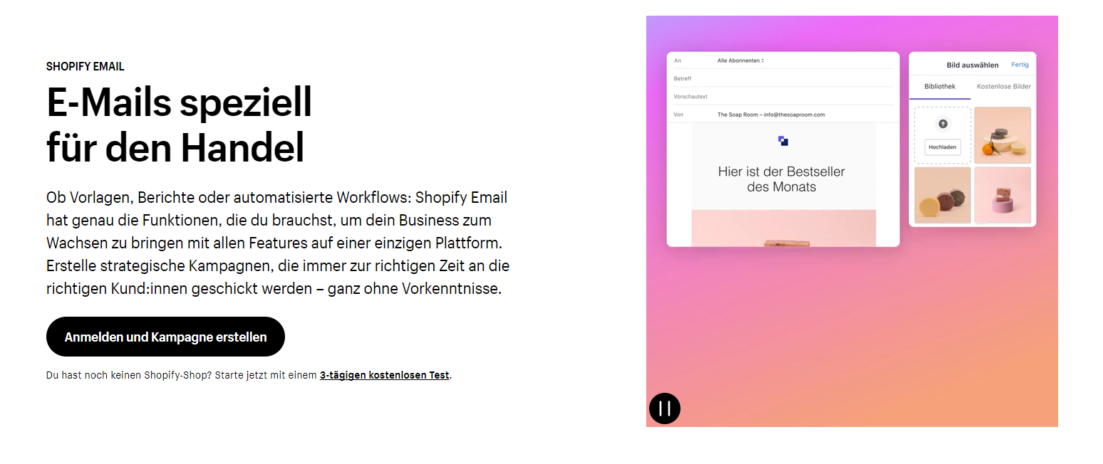 Ein Screenshot der Startseite des E-Mail-Marketingtools von Shopify.