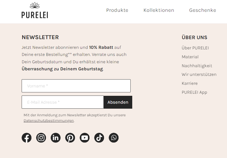 Die Newsletter Anmeldung des Shopify-Händlers PURELEI.