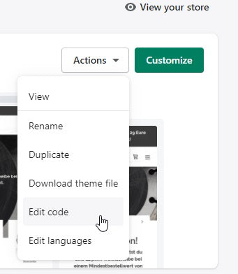 Screenshot des Admin Bereichs von Shopify, um dein Theme für einen Cookie Hinweis anzupassen
