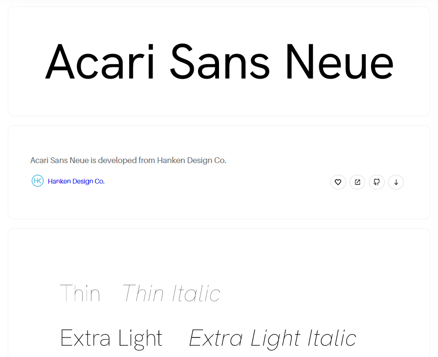 Screenshot der Website von "Fontpair" mit der Schriftart "Acari Sans Neue" zum Download. Eine eigene Marke gründen beinhaltet auch Überlegungen zu Schriftarten und Farben.