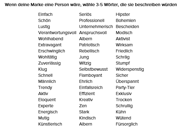 Tabellarische Darstellung von 57 Adjektiven, die eine Person beschreiben könnten. Achte auf die Markenpersönlichkeit wenn du eine eigene Marke gründen willst.