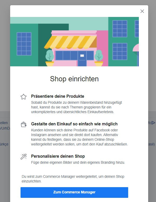 Gezeigt ist ein Screenshot, der zeigt wie man einen Facebook-Shop einrichtet.