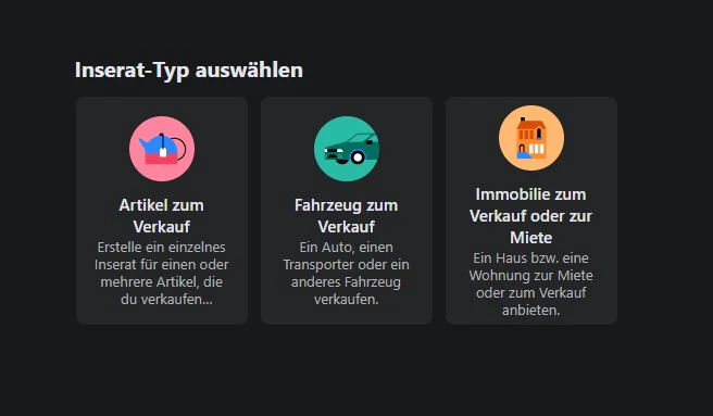 Der Screenshot zeigt die verschiedenen Inserat-Typen des Facebook Marketplace. Es gibt Verkaufsartikel, Fahrzeuge und Immobilien.