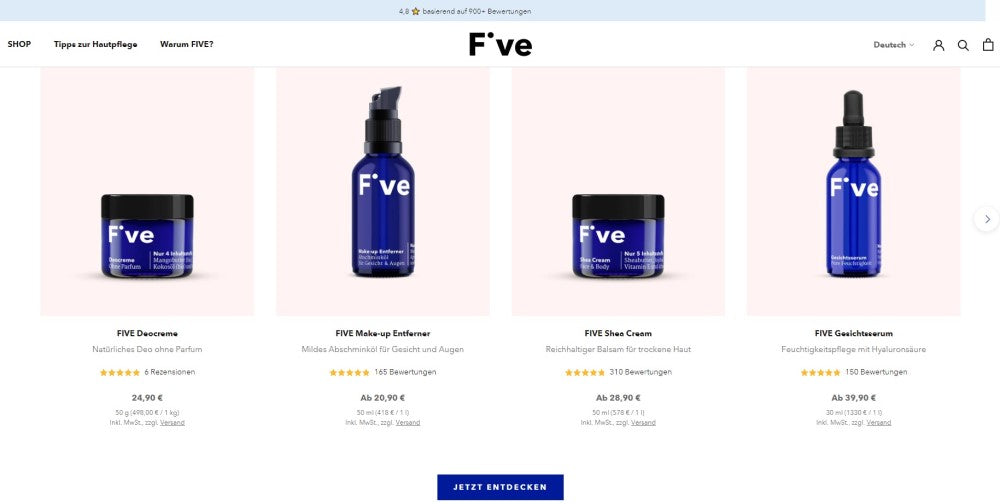 Wie die Marke fiveskincare die Farbe Blau in ihrem Shop einsetzt