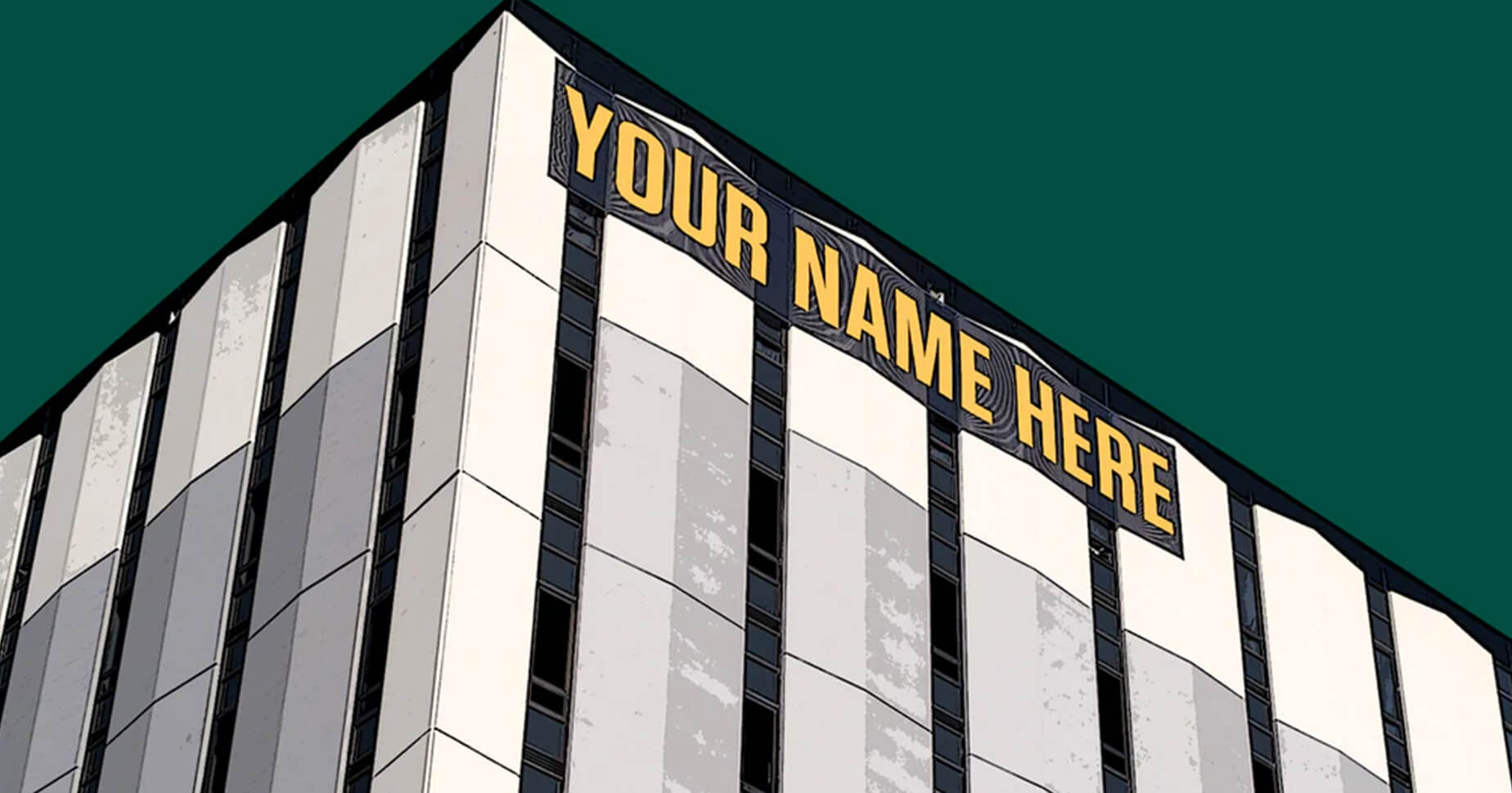 Illustration eines Firmengebäudes mit Slogan "Your Name Here"
