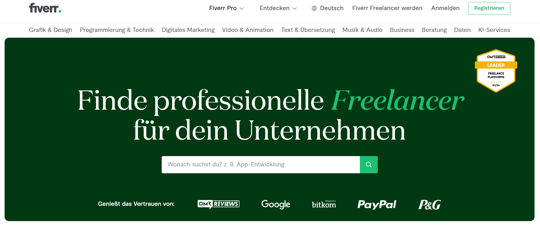 Ein Screenshot der Homepage von Fiverr.