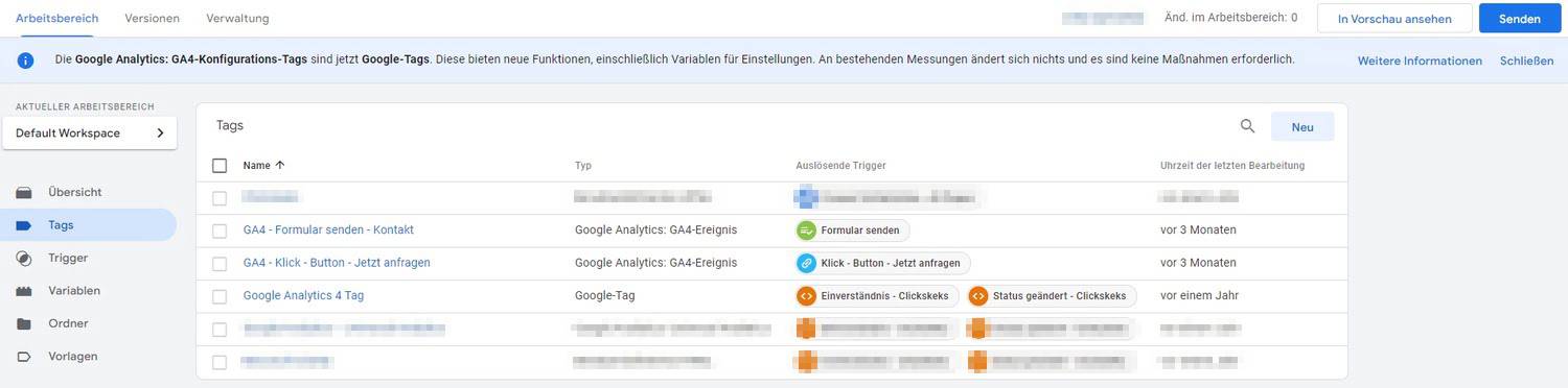 Übersicht erstellter Tags im Tag Manager