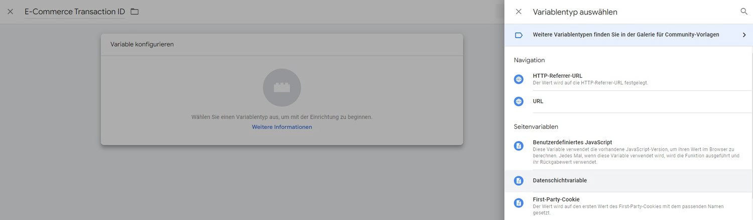 Start-Übersicht für die Konfiguration einer Variable im GTM