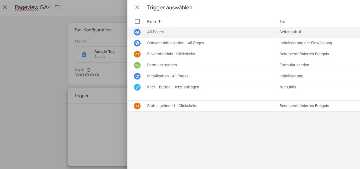 Fertigstellung des Ereignises Pageview GA4 mit konfiguriertem Tag und Trigger im GTM