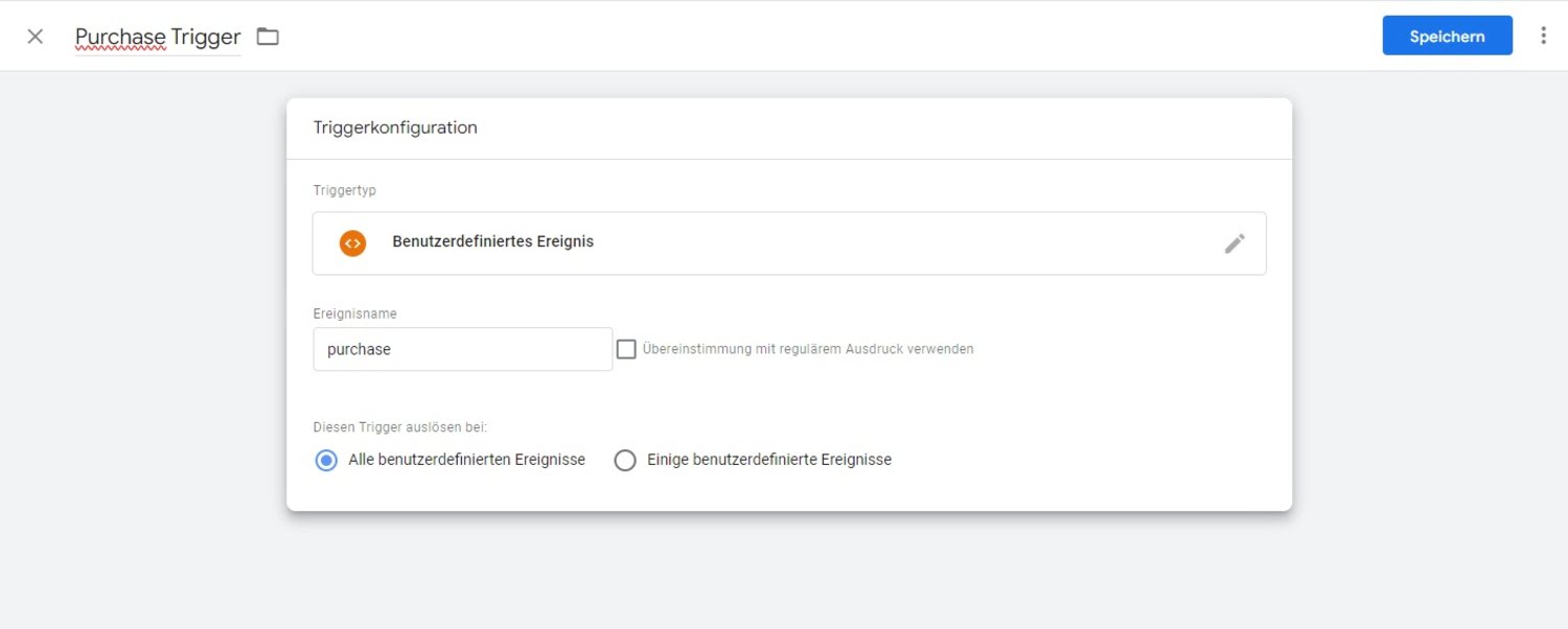 Abgeschlossene Konfiguration des Purchase Triggers im GTM