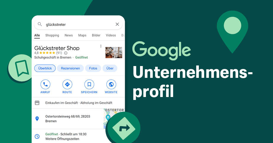 Das Foto zeigt ein Google Unternehmensprofil auf grünem Hintergrund. Erfahre im Beitrag mehr zu Google my Business.