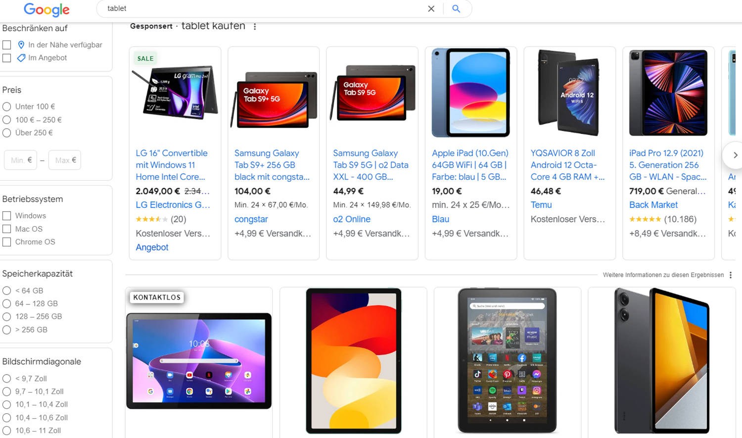 Screenshot der Suchergebnisse von Tablet bei Google Shopping.