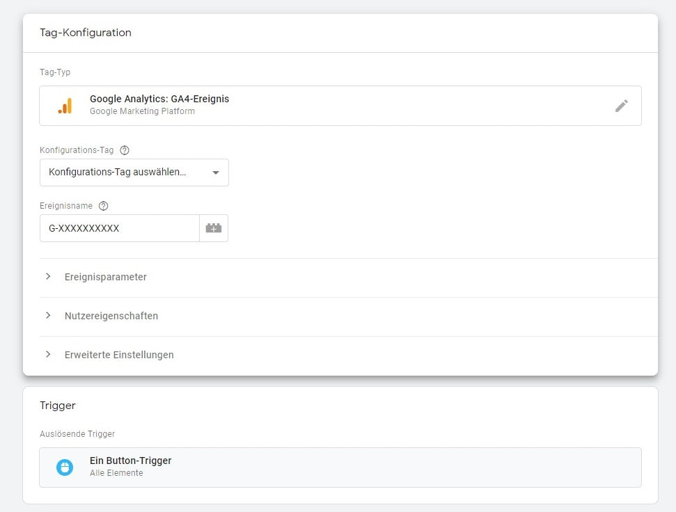 Das Bild zeigt ein Tag für ein Button-Tracking in Google Analytics 4.