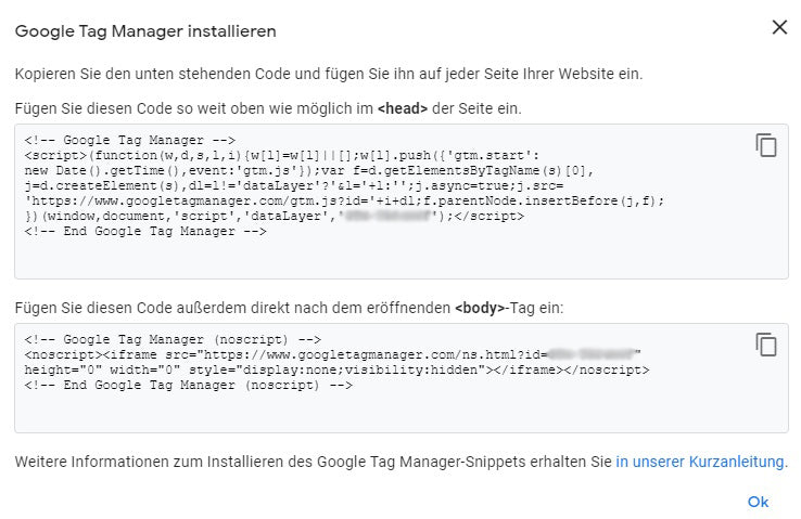Das Bild zeigt die beiden Code-Snippets die zur Installation des Google Tag Managers benötigt werden.