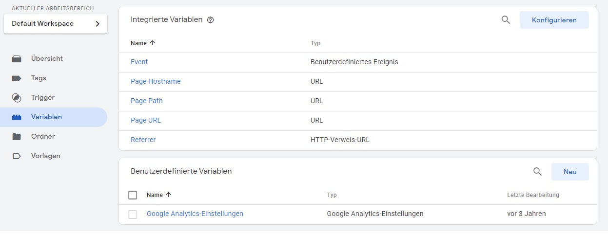 Die Variablenübersicht des Google Tag Managers zeigt alle aktiven Variablen