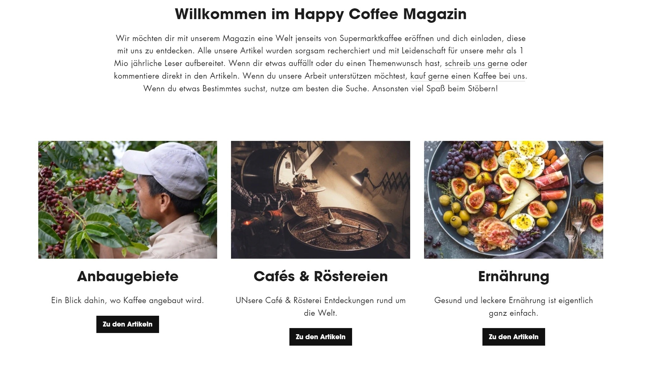 Der Screenshot zeigt die Blogübersicht von Happycoffee mit Themen rund um das Thema Kaffee