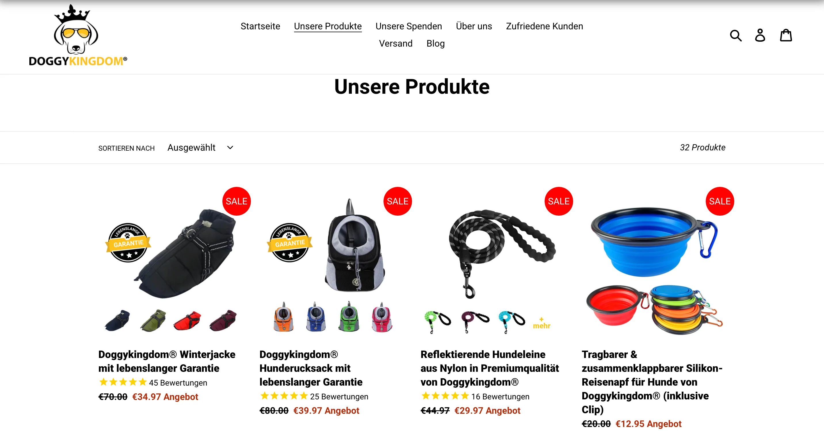 Ein Screenshot von Doggykingdom, die per Dropshipping Haustierbedarf online verkaufen