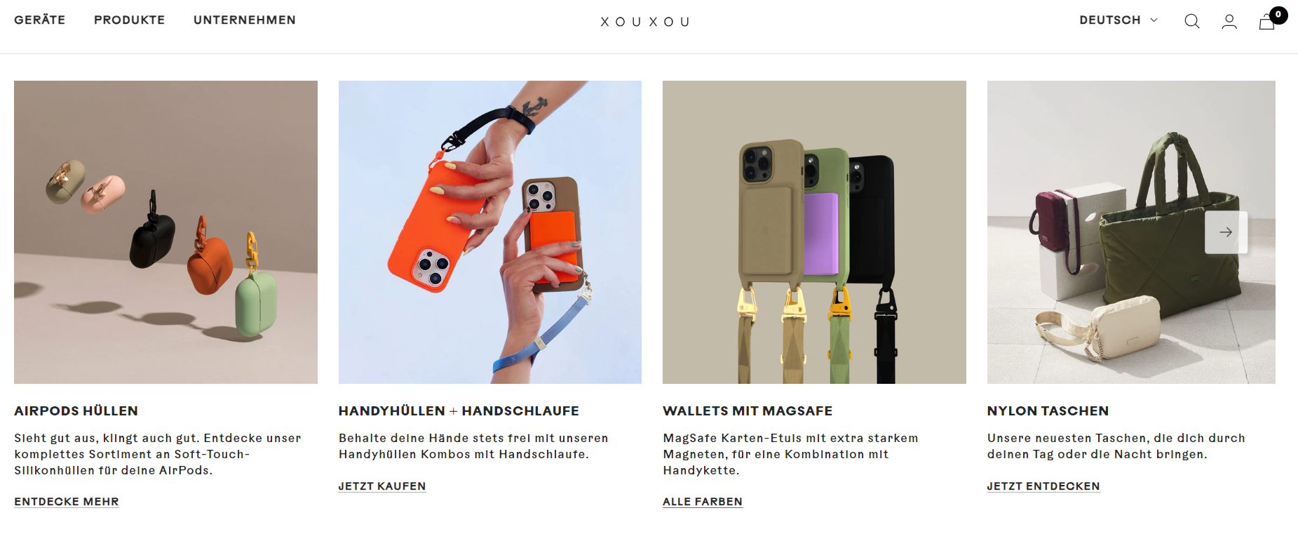 Die Homepage des Shopify Händlers XOUXOU, der weitere Produkte auf seiner Startseite präsentiert.