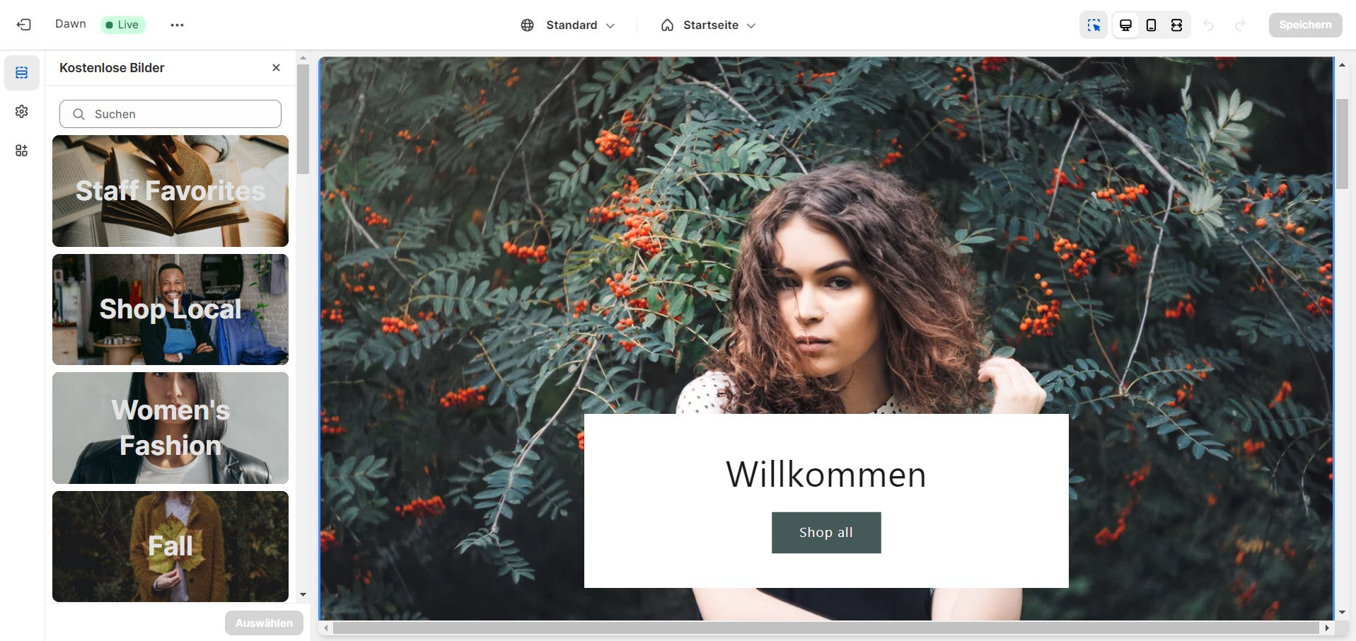 Mit Shopify kannst du Videos mit lizenzfreien Bildern erstellen, um dein Homepage Design zu gestalten.