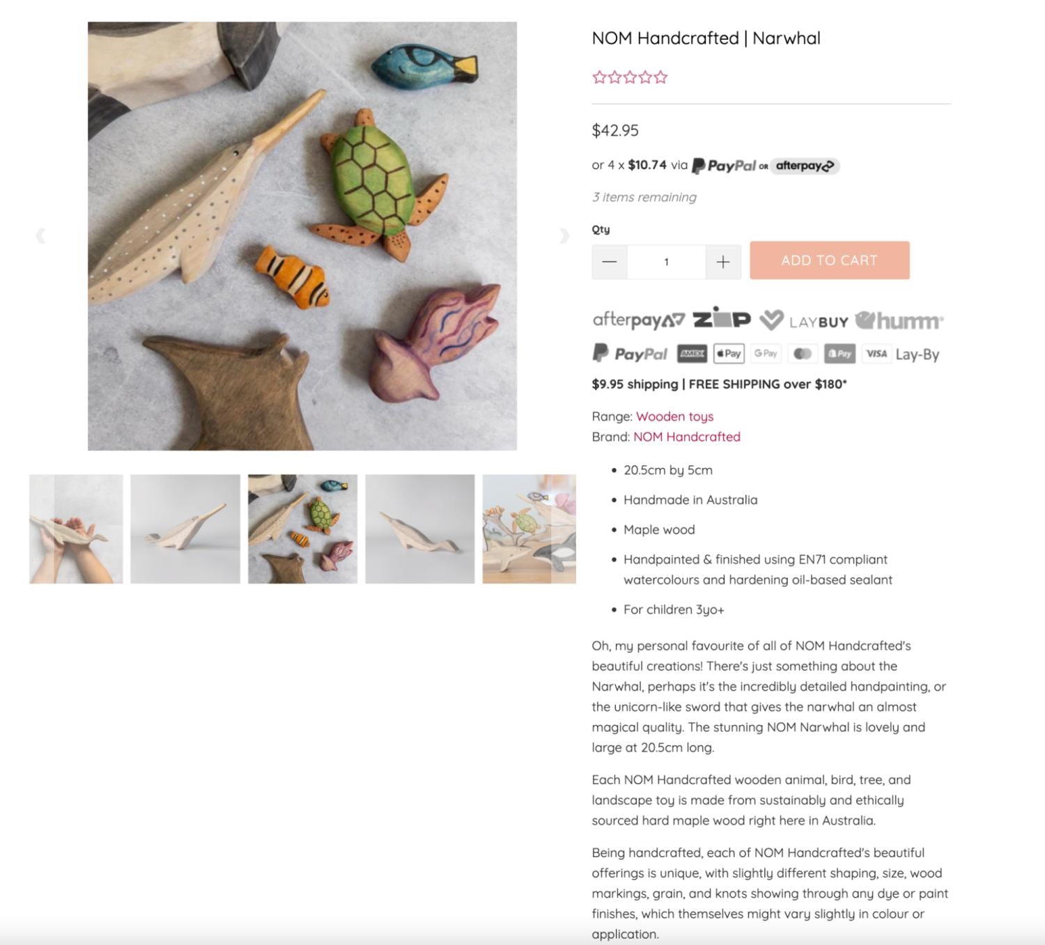 Die Website von Milk Tooth zeigt ein helles Produktfoto und eine beschreibende Produktbeschreibung für ein handgefertigtes Narwalspielzeug.