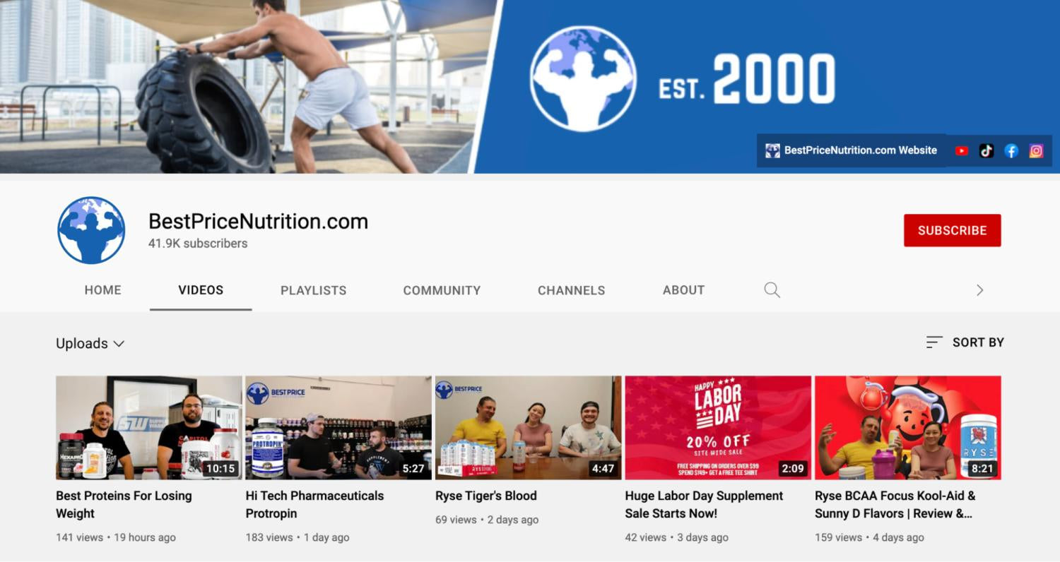 Die neuesten YouTube-Videos von Best Price Nutrition über das beste Protein zum Abnehmen und Laborverkaufsaktionen.
