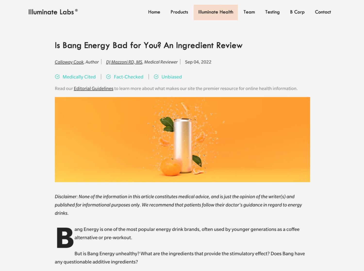 Screenshot eines Blogbeitrags von Illuminate Health, der diskutiert, ob Bang Energy schlecht für dich ist.