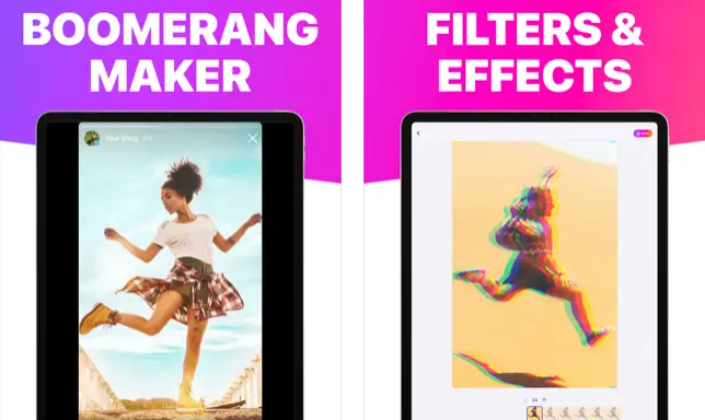 Darstellung zweier Funktionen der App Boomerang. Auf dem linken Bild ist die Funktion Boomerang Maker zu sehen mit einem Bild einer tanzenden Frau und dem Spruch "Boomerang Maker". Auf der rechten Seite ist ein Bild eines Mannes in der Wüste mit überlagertem Filter zu sehen. Darüber steht "Filters and Effects".