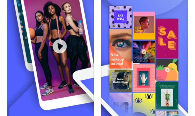 Ansicht von Beispielgrafiken der Instagram-App Boosted im App Store. Auf dem linken Bild ist vor blauem Hintergrund ein Handyumriss zu sehen mit einem Video von drei Frauen in Sportkleidung. Auf der rechten Seite fliegt eine Sammlung von unterschiedlichen Grafiken aus dem Handybildschirm.