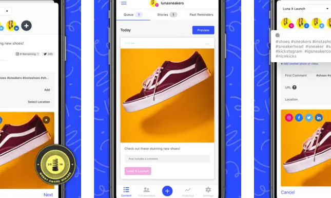 Screenshot der Funktionen der Instagram-App Buffer aus dem App Store. Auf blauem Untergrund mit hellen Schnörkellinien sind drei Handybildschirme angedeutet. Auf jedem Bildschirm ist der gleiche Instagram-Post von einem weinroten Sneaker vor orangefarbenem Hintergrund und verschiedene Funktionen der App angezeigt.