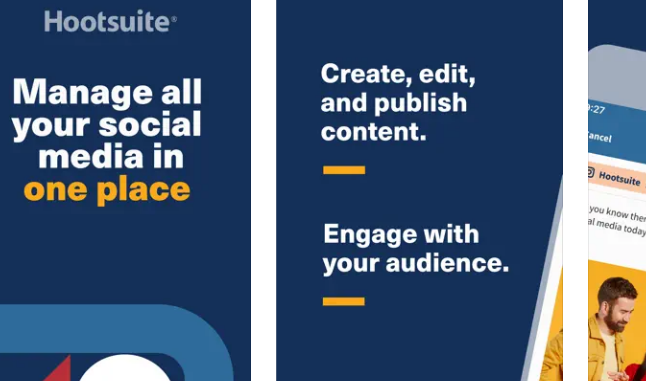 Screenshot der Instagram-App Hootsuite aus dem App Store. Auf dunkelblauem Untergrund ist in weiß mit orangefarbenen Akzenten geschrieben "Hootsuite. Manage all your social media in one place. Create, edit and publish content. Engage with your audience." Rechts am Bildrand ist ein Bildschirm eines Handys mit einem Instagram-Beitrag und der Nutzeroberfläche der App angedeutet.