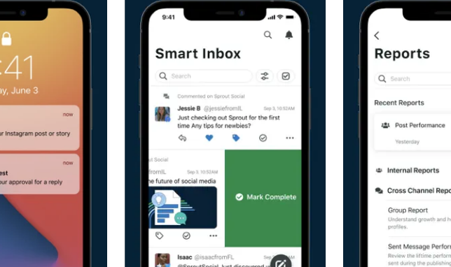 Screenshot der Funktionsweisen der Instagram-App Sprout Social aus dem App-Store. Vor nachtblauem Hintergrund sind drei Handybildschirme angedeutet. Der rechte, abgeschnittene Bildschirm zeigt den Sperrbildschirm eines iPhones und Notifications von Sprout Social. Der mittlere Bildschirm zeigt eine Smart Inbox mit Nachrichten an. Auf dem rechten, abgeschnittenen Bildschirm ist Reports zu lesen. Darunter erfolgt eine Unterteilung in Recent Reports und Internal Reports mit Beispielen.
