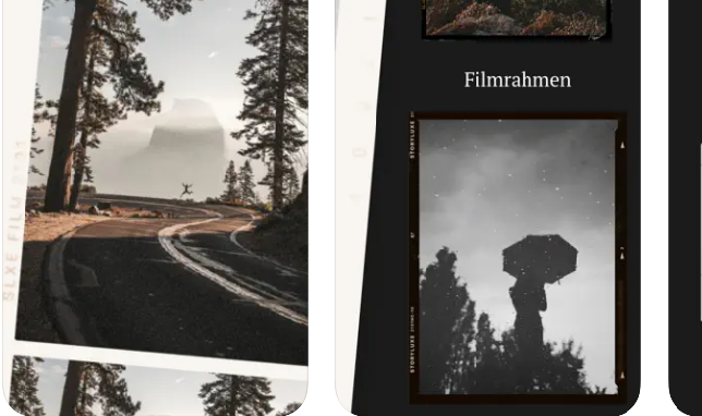 Beispielhafte Darstellung von zwei Filmrahmen für die Instagram-Stories. Auf dem linken Bild ist eine Straße zwischen zwei Bäumen in warmen Licht zu sehen. Im Hintergrund eine Person, die in die Luft springt und ein Berg in Wolken gehüllt. Auf dem rechten Bild ist ein schwarz-weiß Bild einer Person mit Regenschirm zu sehen. Der Umriss des Fotos ist als alter Filmrahmen aus Analogfilmen angedeutet. Über dem Bild steht der Schriftzug "Filmrahmen" Mit der Instagram-App Storyluxe erhalten deine Stories einen analogen Touch!