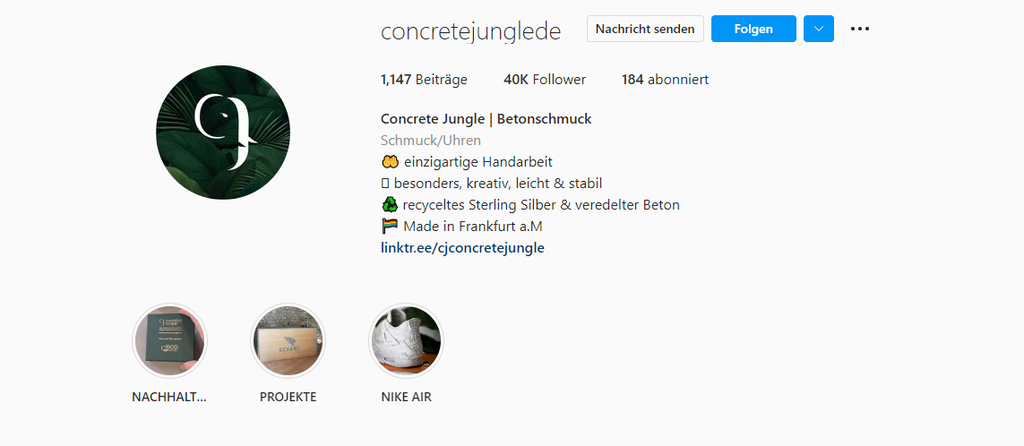 Die Instagram Bio von Concrete Jungle.