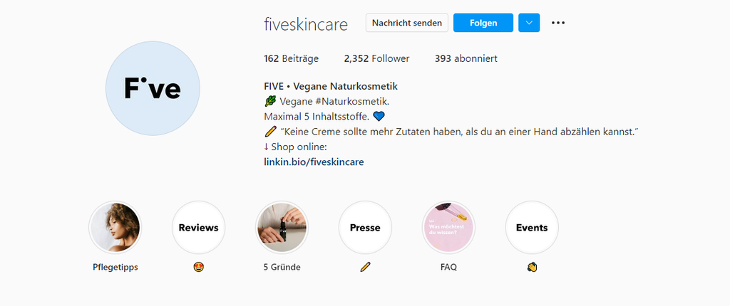 Die Instagram Bio von Five Skincare.