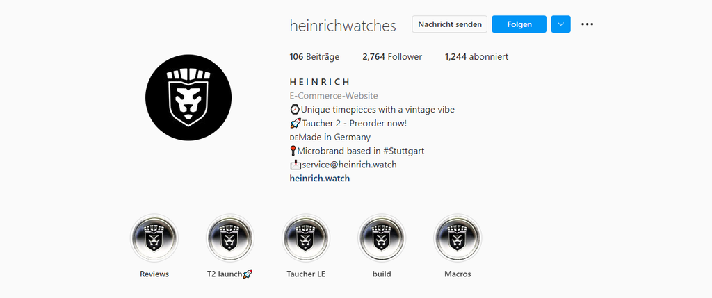 Die Instagram Bio von Heinrich Watches.