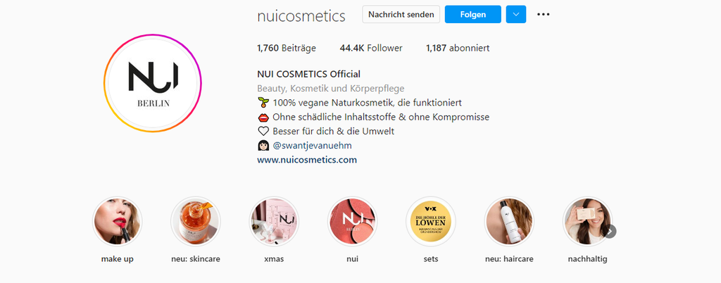 Die Instagram Bio von NUI Cosmetics.