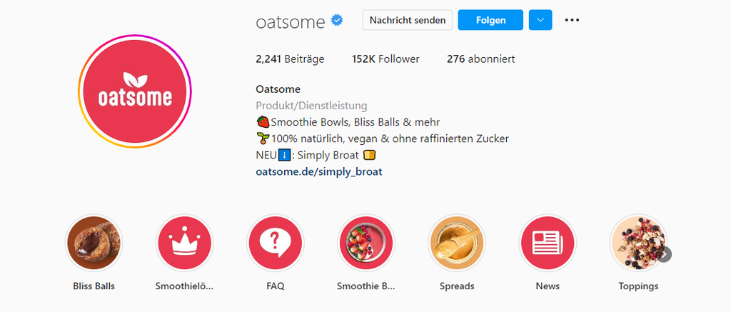 Die Instagram Bio von Oatsome. In Story-Highlights werden verschiedene Beiträge angezeigt.