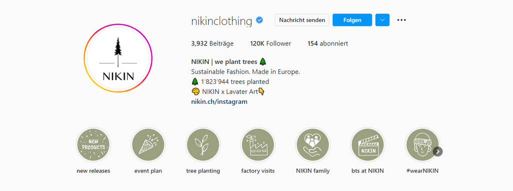 Die Instagram-Bio der Marke NIKIN Clothing.