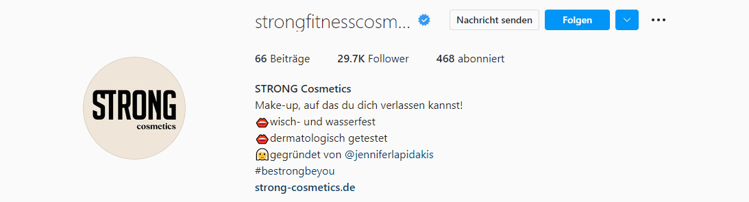 Die Instagram Bio von STRONG Cosmetics.
