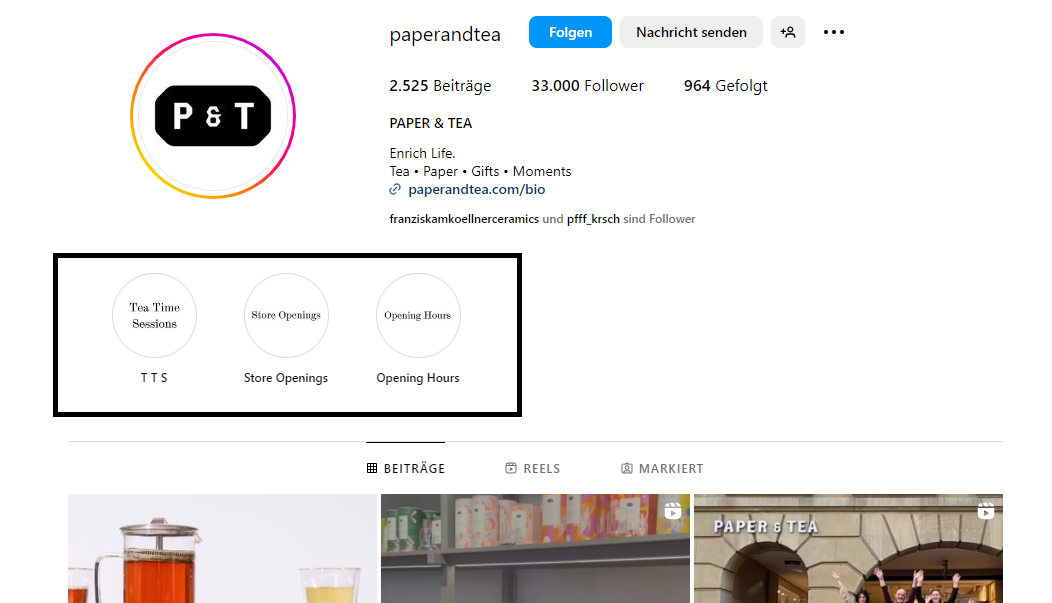 Highlights im Instagram Profil von Paper and Tea.
