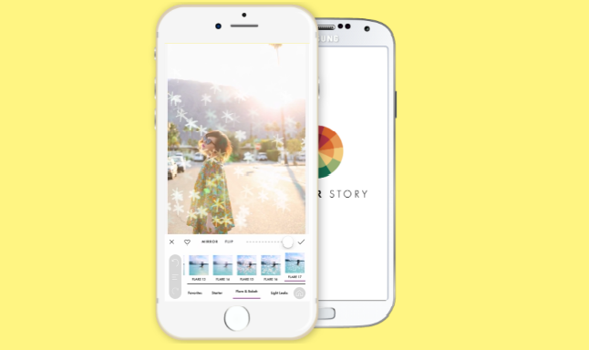 Zwei hintereinanderliegende Handybildschirme vor gelbem Hintergrund. Auf dem vorderen Bildschirm ist eine Ansicht des Foto-Editors und ein Bild einer jungen Frau mit der Sonne im Hintergrund der Instagram-App "A Color Story".