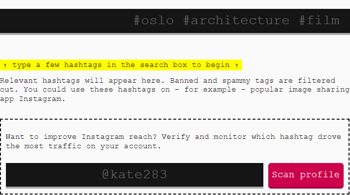 Darstellung der Startseite von Display Purposes. In einer schwarzen Suchleiste sind die Hashtags #oslo, #architecture und #film als Beispiel genannt. Darunter steht die Anleitung, wie der Service funktioniert. Gelb hinterlegt steht geschrieben "type a few hashtags in the search box to begin".