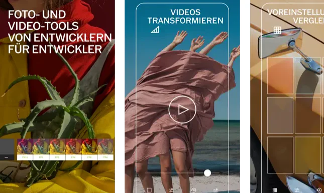 Darstellung des Funktionsumfangs der Instagram-App "VSCO" auf drei Handybildschirmen im App-Store. Ganz links ein Bild einer Frau mit Kaktus in der Hand und unterschiedlichen Filter-Optionen. Das Bild ziert der Spruch "Foto- und Video-Tools von Entwicklern für Entwickler". In der Mitte ist die Funktion "Videos transformieren" durch einen Video-Editor dargestellt. Der rechte Bildschirm ist abgeschnitten und zeigt verschiedene Voreinstellungen für Farben, um ein Bild zu bearbeiten.