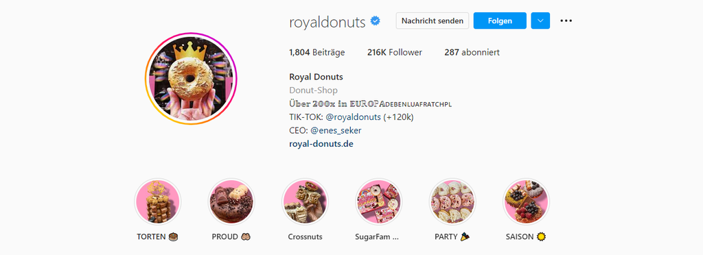 Die Instagram Bio von Royal Donuts.