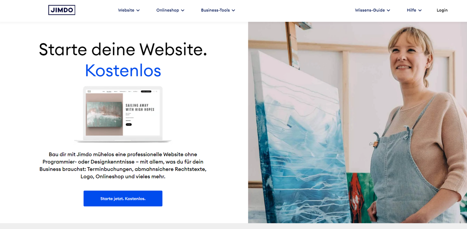Screenshot der Jimdo Website mit Werbetext und Bild einer Frau vor einer Leinwand