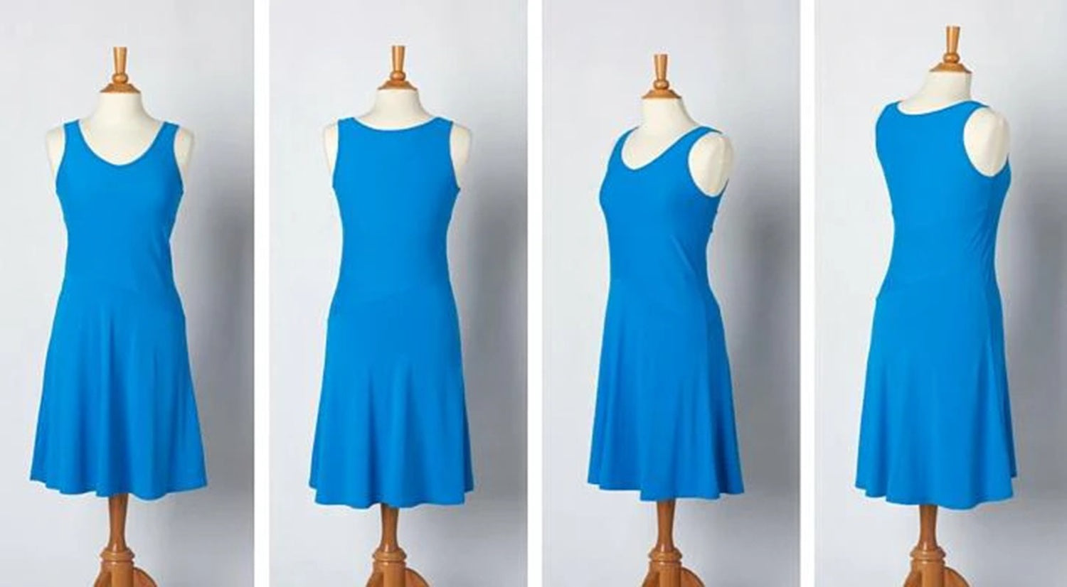 Ein blaues Kleid auf einer Modepuppe wird aus drei verschiedenen Perspektiven dargestellt, nachdem die Kleidung fotografiert wurde.