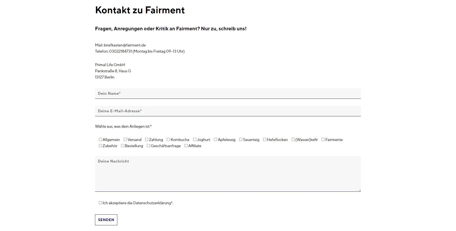 Das Kontaktformular des Unternehmens Fairment