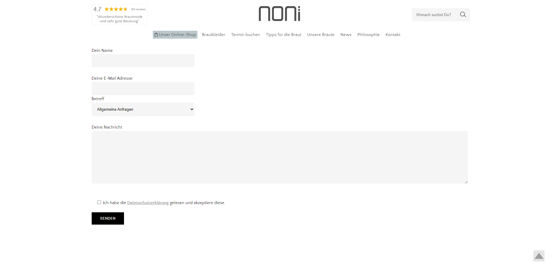 Das Kontaktformular von Noni mit einer Einverständnis-Abfrage zum Datenschutz
