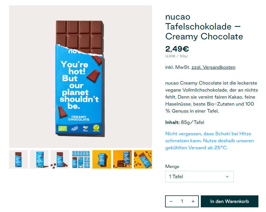 Lebensmittel verkaufen - Screenshot einer Produktseite der Firma Nu Company mit Grundpreisangabe zum Produkt unterhalb des Verkaufspreises. 