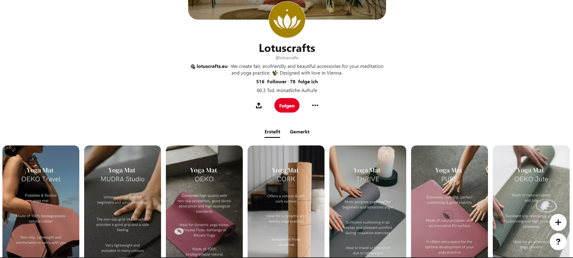 Das Pinterest-Board des Onlinehändlers Lotuscraft. Bei Pinterest ist Social Commerce möglich.